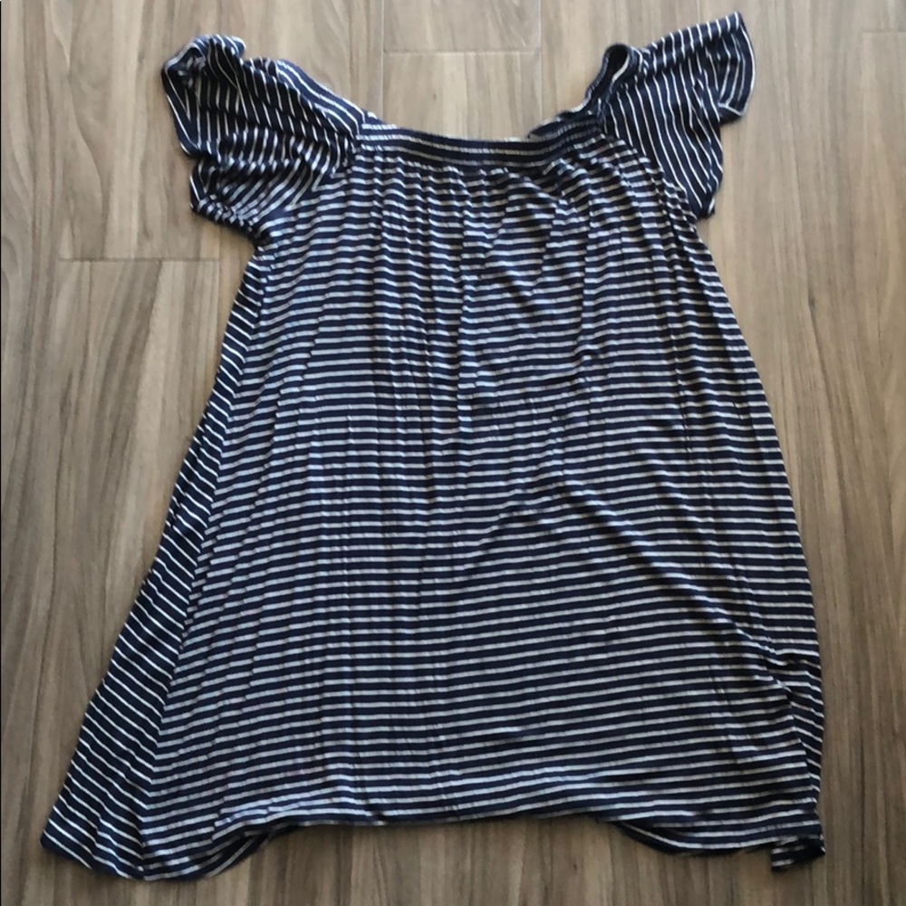 Off the shoulder, stretchy, navy and white dress